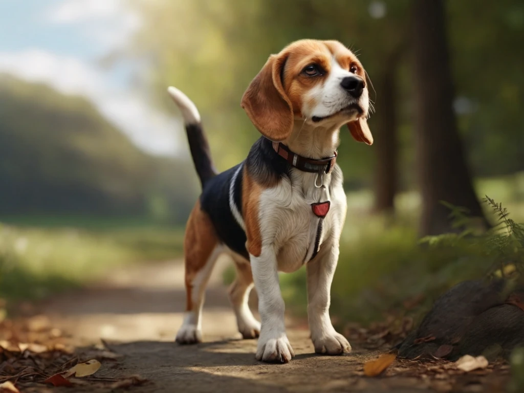 Beagle mirando al horizonte en bosque