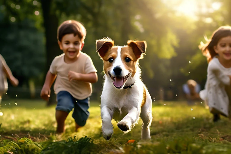 Jack Russel Terrier jugando con dos niños